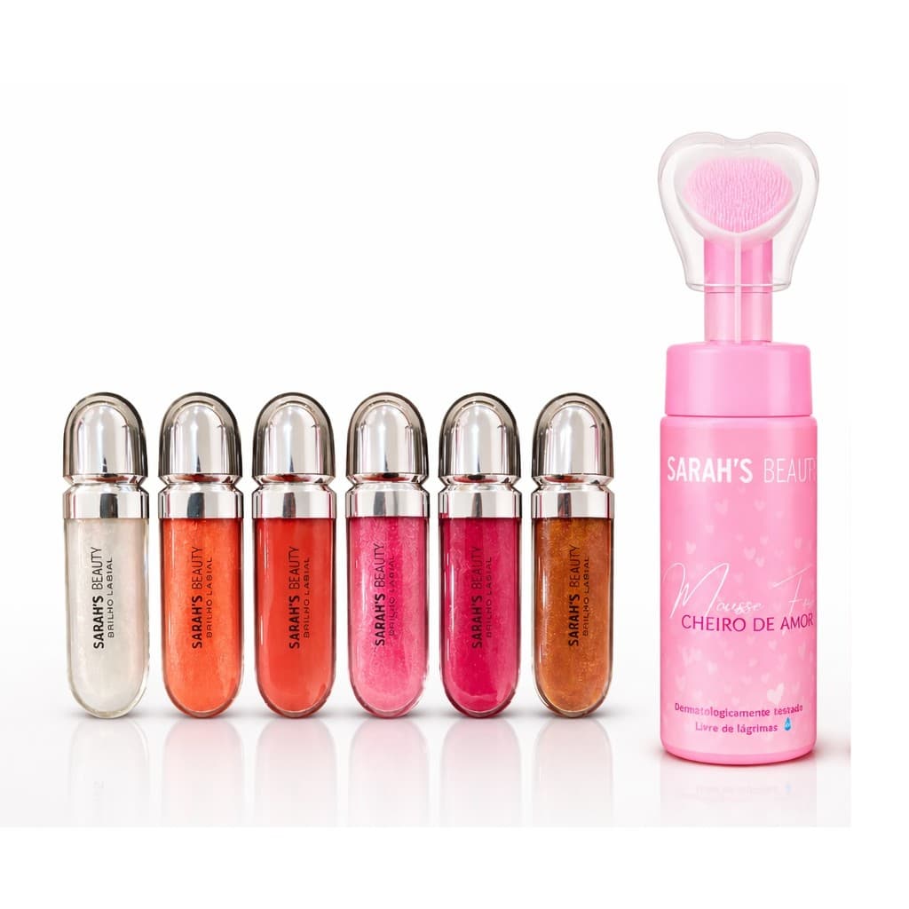 Kit dia dos namorados com 6 Gloss Brilho Labial Sarah's Beauty+ Mousse facial