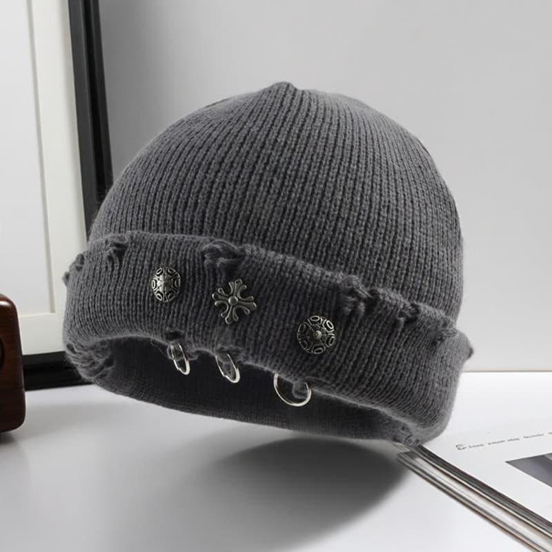 Estilo japonês rua Hip-Hop Retro cruz anel rasgado chapéu de lã feminino Yuppie malha melão chapéu de couro chapéu frio