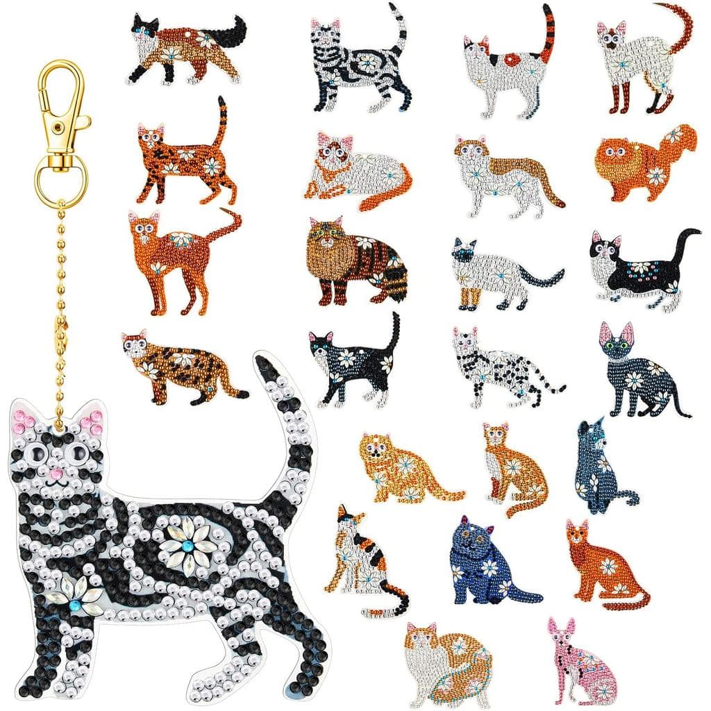Henoyso 24 Peças Chaveiros de Pintura Diamante com Tema de Gato, Chaveiros de Arte Diamante DIY, Kit de Pintura 5D com B