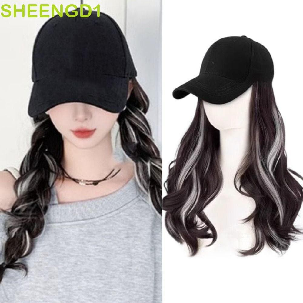 SHEENGD1 Boné De Beisebol Com Peruca , Destaca Sol Cinza , Cabelo Longo Ondulado De Água , De Chapéu Ajustável Estilo Co