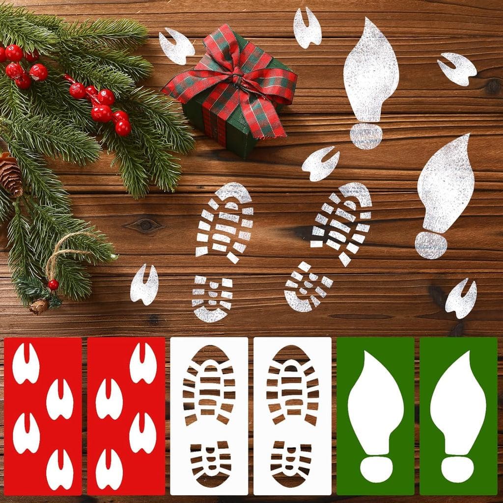 Cholemy 6 Pcs Santa Footprints Santa Footprint Stencils Xmas Hollow Out Elf Footprint Painting Stencils Reindeer Stencil