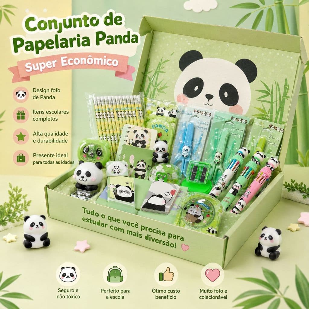 Kit Papelaria Fofa Panda Escolar Completo Com Lápis Caneta Marca Texto e Acessórios
