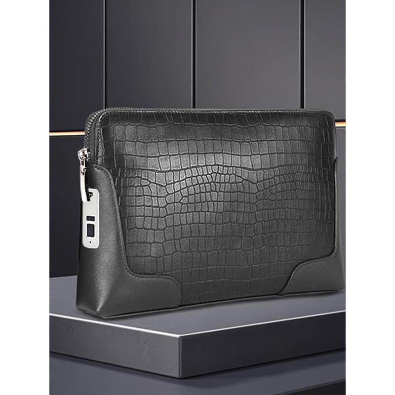 Bolsa de embreagem masculina de couro genuíno padrão de crocodilo moda impressão digital desbloquear bolsa de embreagem