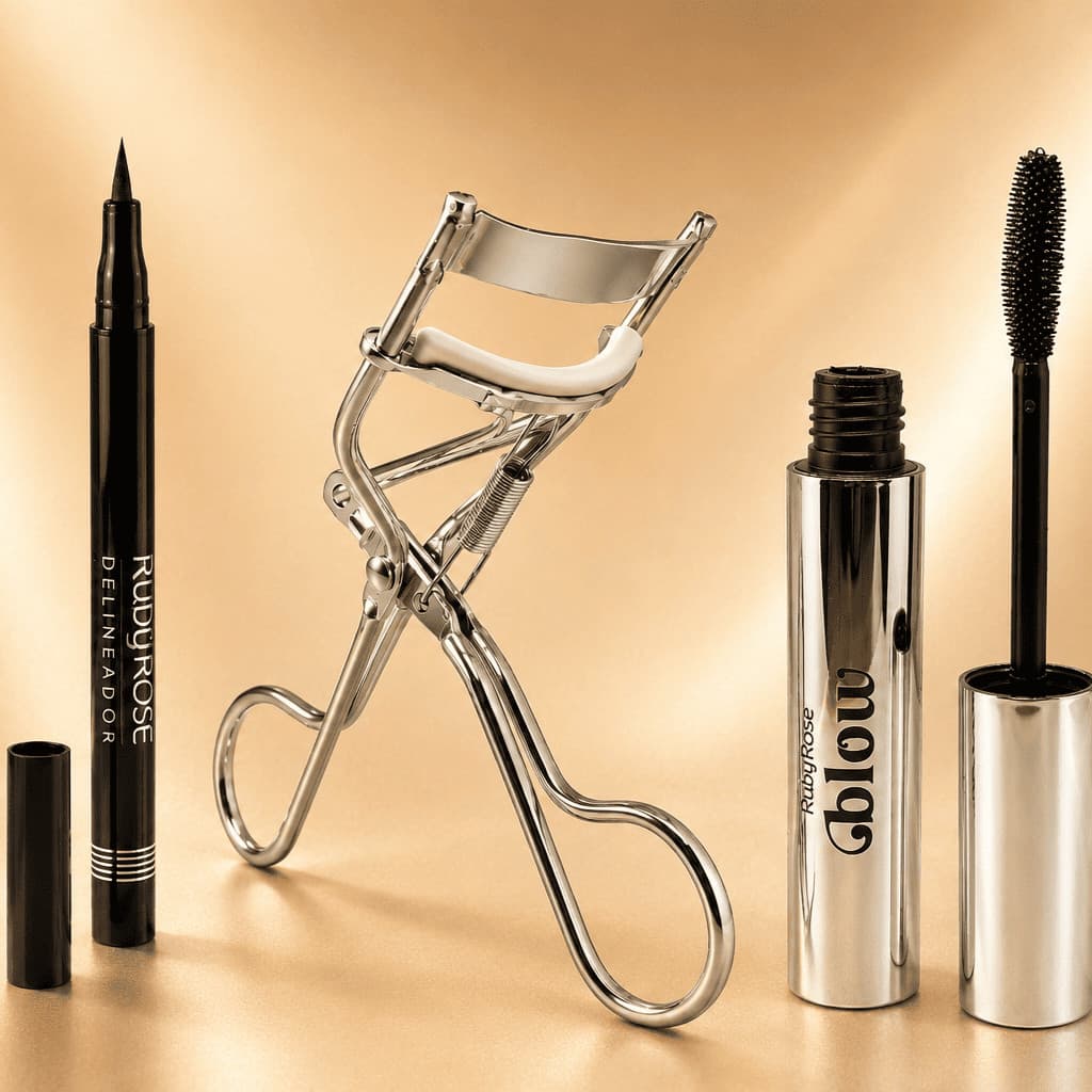 KIT Máscara de Cílios + Delineador + Curvex | Combo Olhar Perfeito para Maquiagem