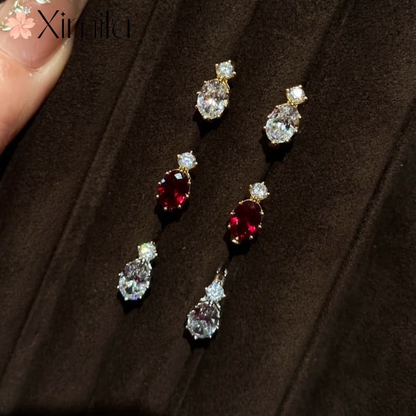 ❤ Moda três estilos All-Match brincos de luxo feminino rubi pombo ovo orelha fivela chinês vermelho jóias de casamento