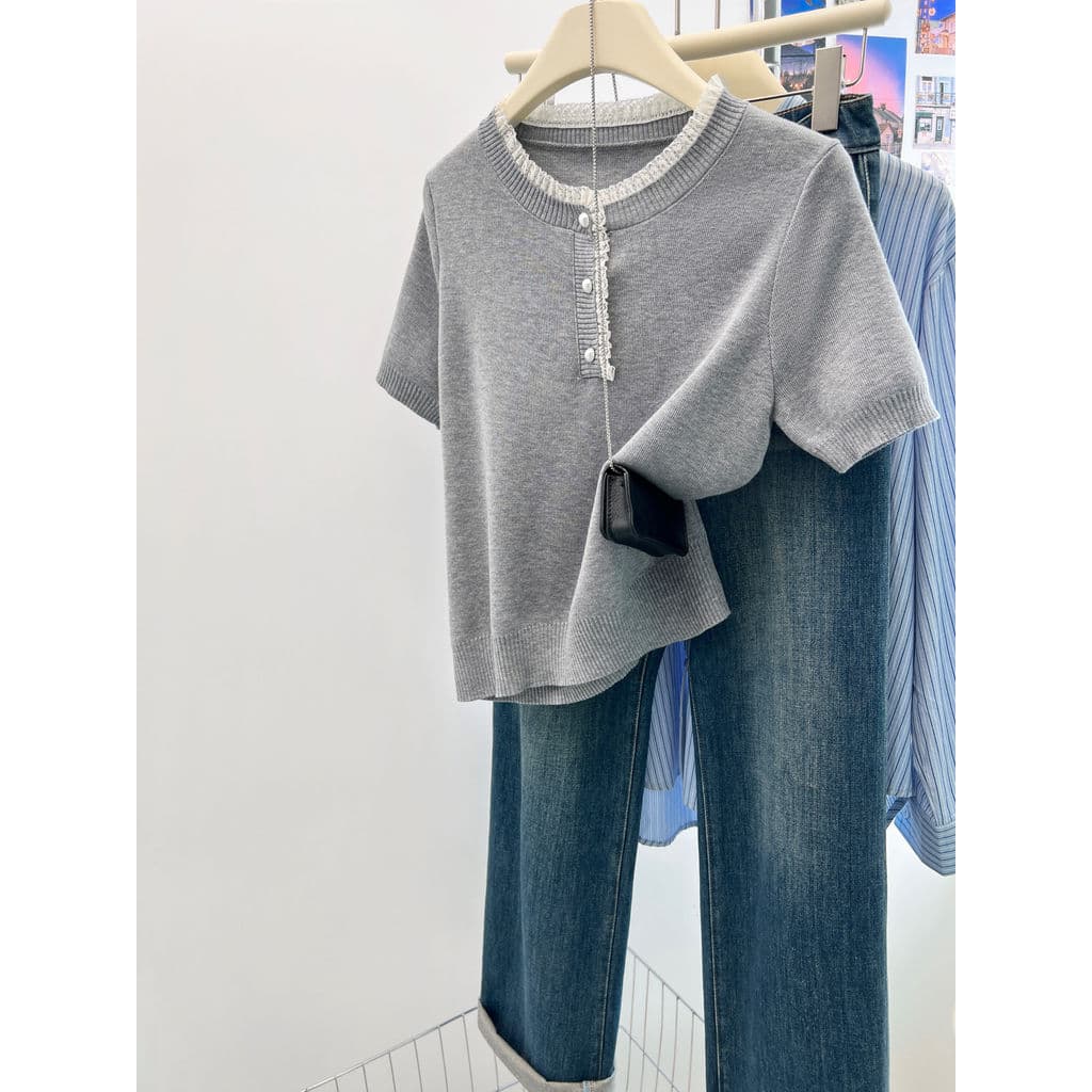 [40-100kg] Camiseta feminina de manga curta com costura de renda francesa, Design de verão, sensação bonita e chique