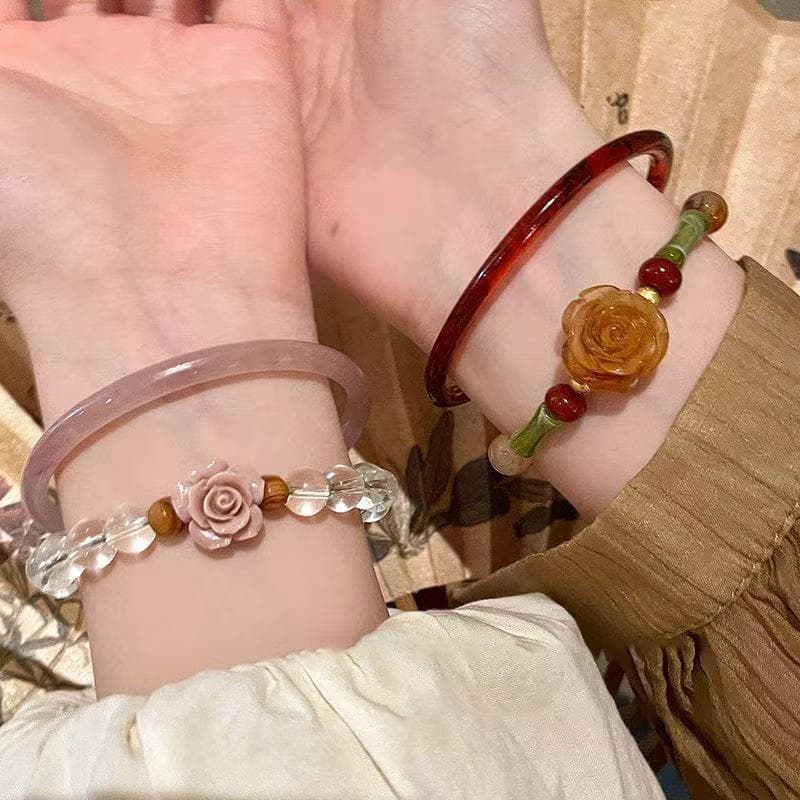Pulseira de flor rosa de bambu empilhada novo estilo chinês conjunto de duas peças ins pulseira retrô elegante
