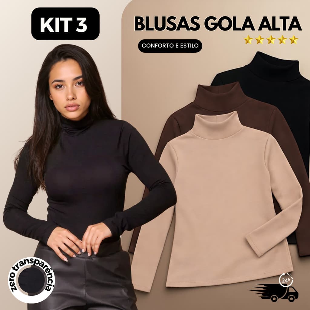 Kit 3 Blusas Feminina Cacharrel Gola Alta Segunda Pele Básica Casual Inverno