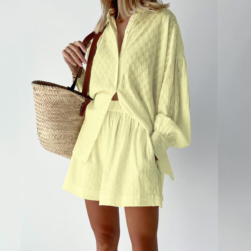 Europeu americano primavera verão feminino Casual solto camisa de tamanho grande camisa de manga comprida Shorts moda pr