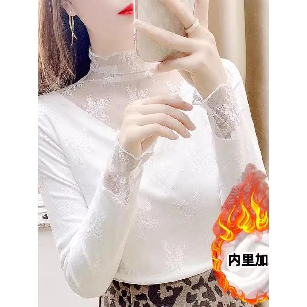 Camisa de fundo de renda de gola alta branca feminina forro de lã forro forro de renda espessamento Top