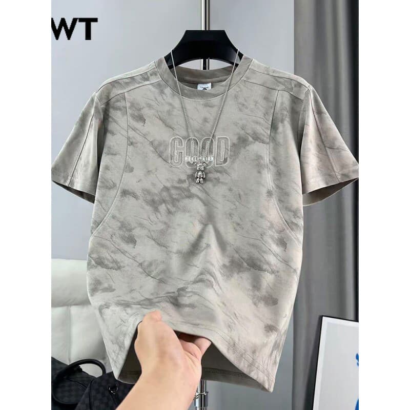 High-End Tie-Dye em torno do pescoço de manga curta camiseta masculina verão 2026 novo estilo Street Wear solto Casual m