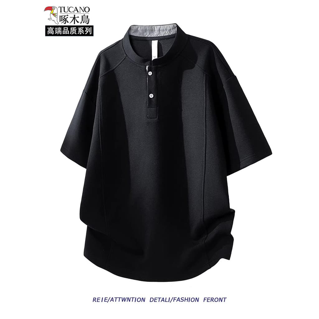 Woodpecker Henry Collar Camiseta de manga curta masculina novo estilo verão pesado solto All-Match meia manga
