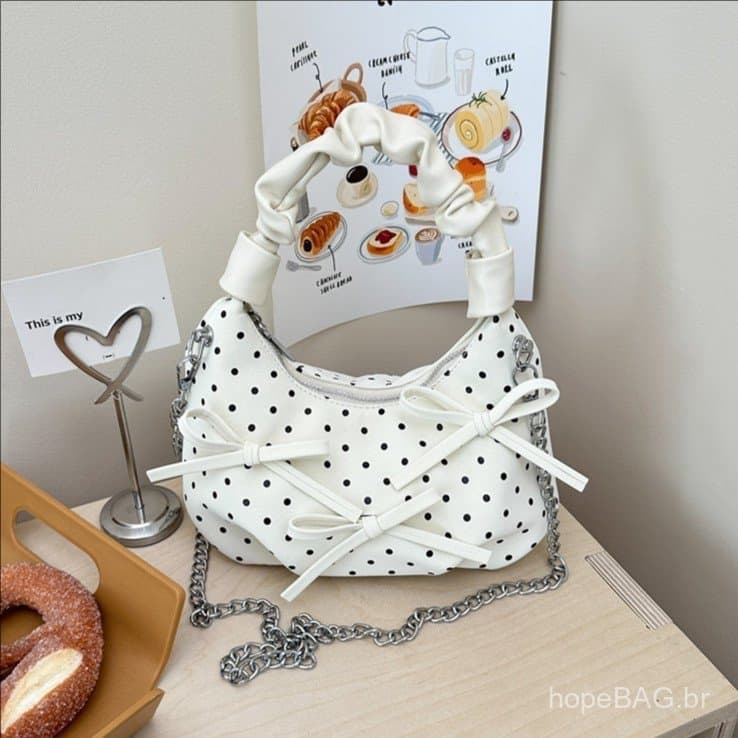 Bolsa de mão com design plissado em estilo coreano, bolsa de ombro com laço de bolinhas, elegante e fofa, mochila de alt