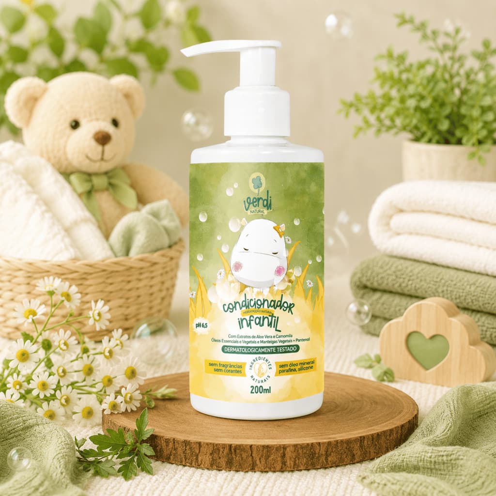 Condicionador Infantil Verdi Natural Extrato de Aloe Vera Camomila Pantenol 100% Natural Cabelos Cacheados e Crespos