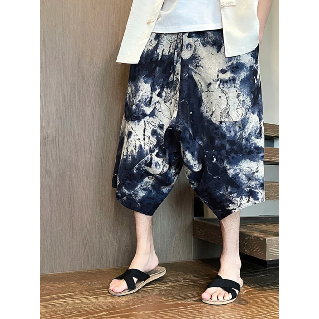 Verão estilo chinês flor calças masculinas calças grandes de baixa qualidade calças largas soltas tamanho grande calças