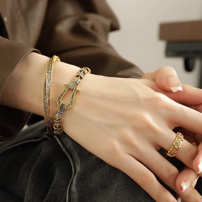 T Tangcao Padrão Mobius Pulseira Feminina Abertura Ajustável Moda Retro Angustiado Antigo Padrão Dourado Pulseira