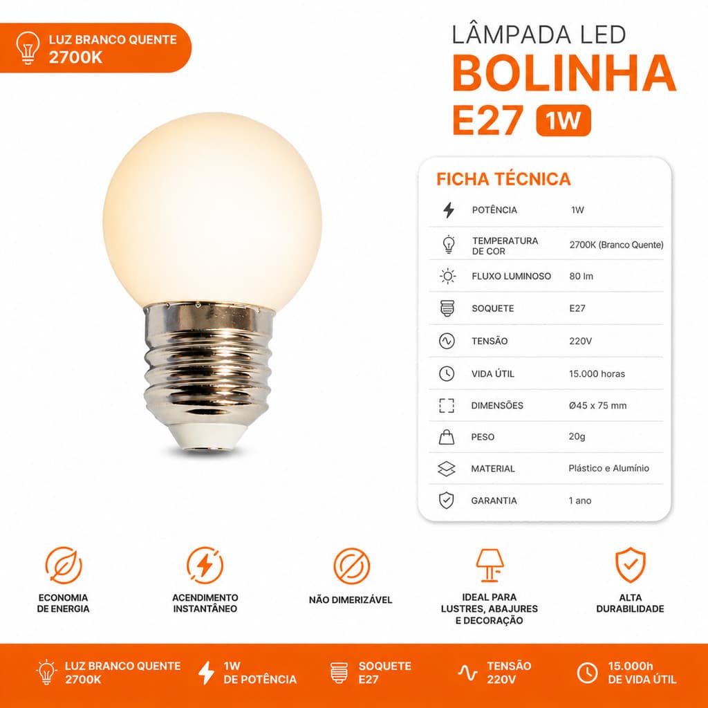 Lampâda Bolinha 1W Bulbo Branco Leitoso Decoração 220V Embuled