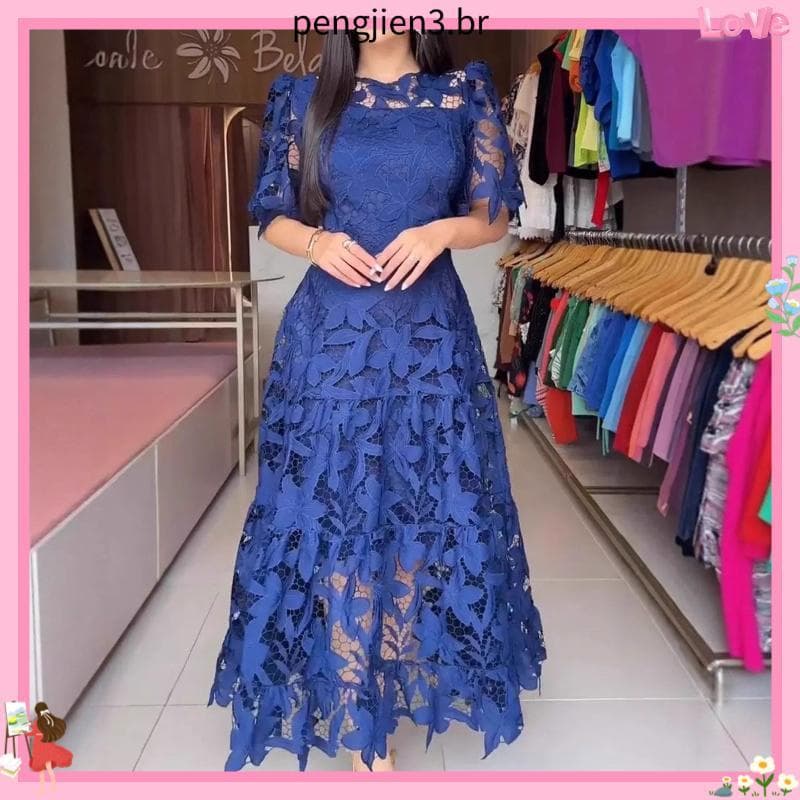 [Grande estoque pronto] Cross-Border 2026 verão novo estilo renda oca gola redonda vestido longo de cintura estreita