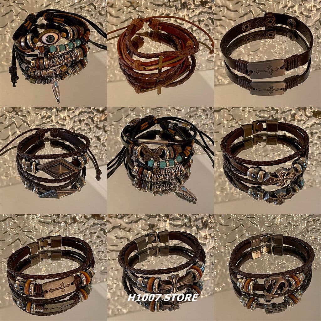 pulseira masculina pulseira Estilo étnico couro trançado Multi-camada pulseiras masculinas meninas pulseiras nicho mascu