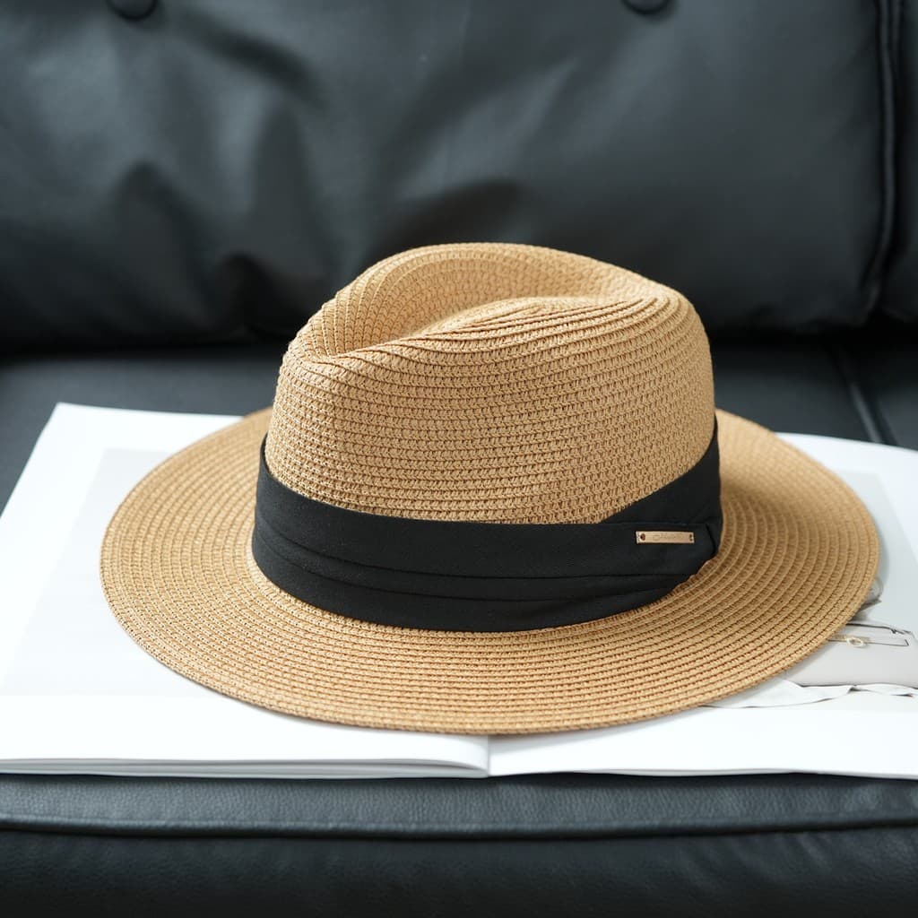 Chapéu de sol cáqui de verão, masculino, feminino, mesmo estilo, dobrável, chapéu de palha panamá, aba plana, aba larga,