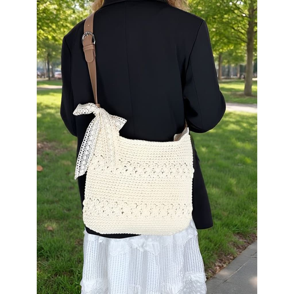 Arco oco tecido sacola feminina grande capacidade lazer estilo férias bolsa de ombro Commuter lazer saco