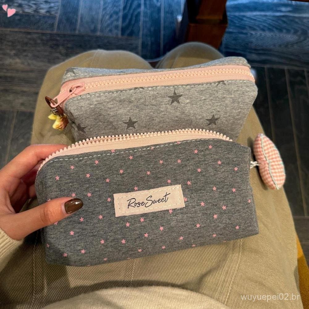 Estojo De Flanela Kawaii Star Com Pingente De Coração , Bolsa De Caneta Zíper Estético Japonês De Grande Capacidade Para