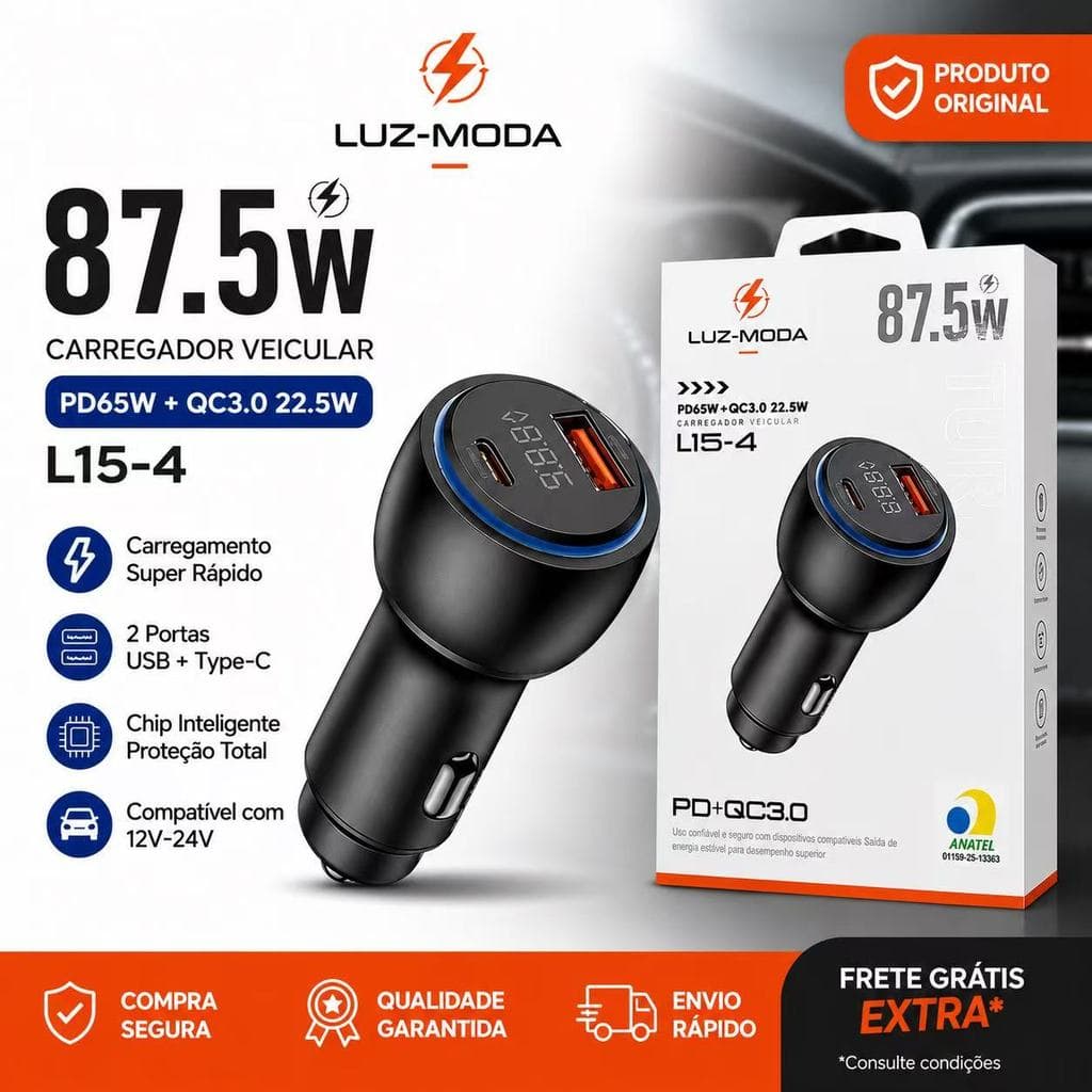 Carregador Veicular 87.5W Turbo PD65W QC3.0 USB+C Tipo-C para Lightning 1M Display Digital