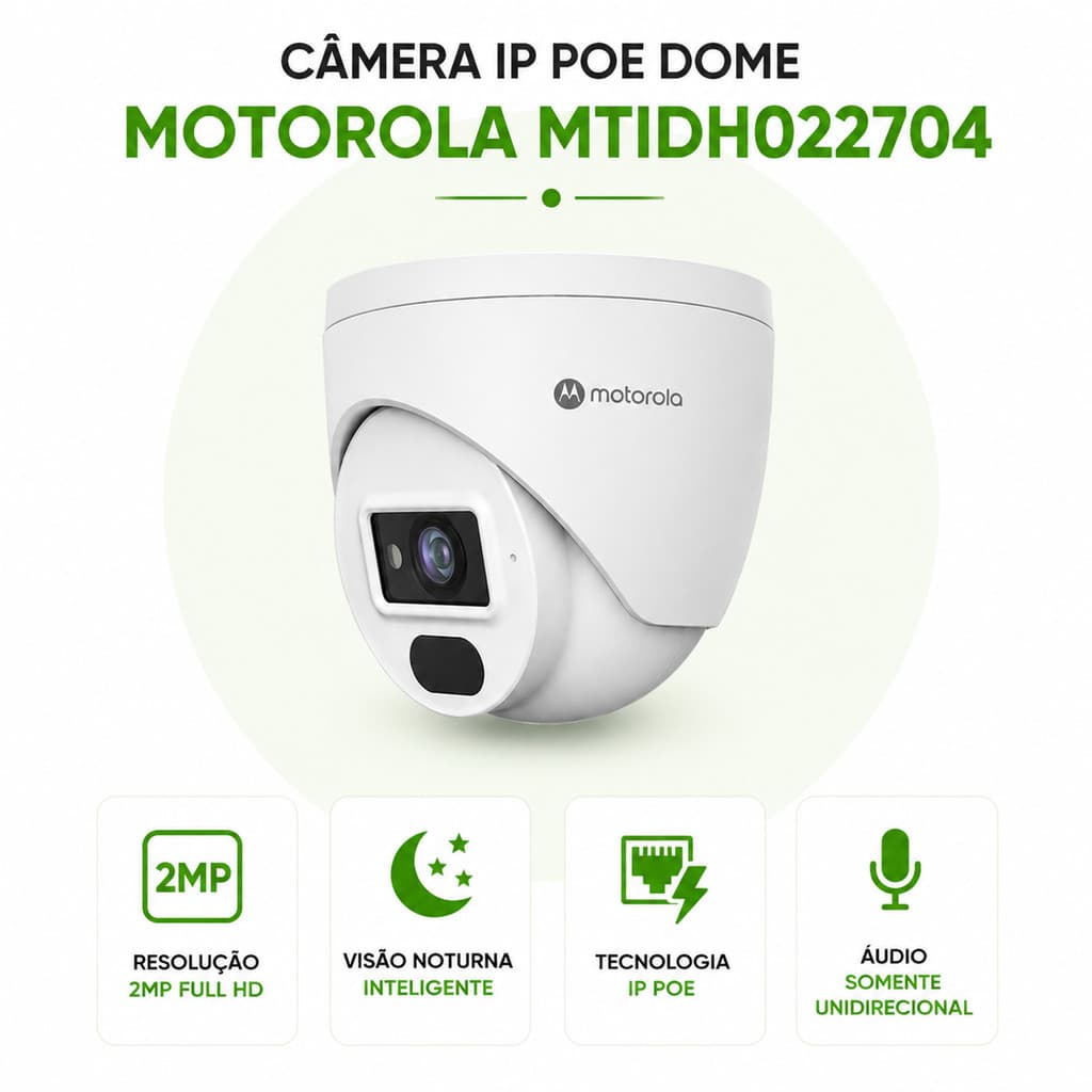 Câmera IP PoE Dome Motorola MTIDH022704 Full HD 2MP com Áudio