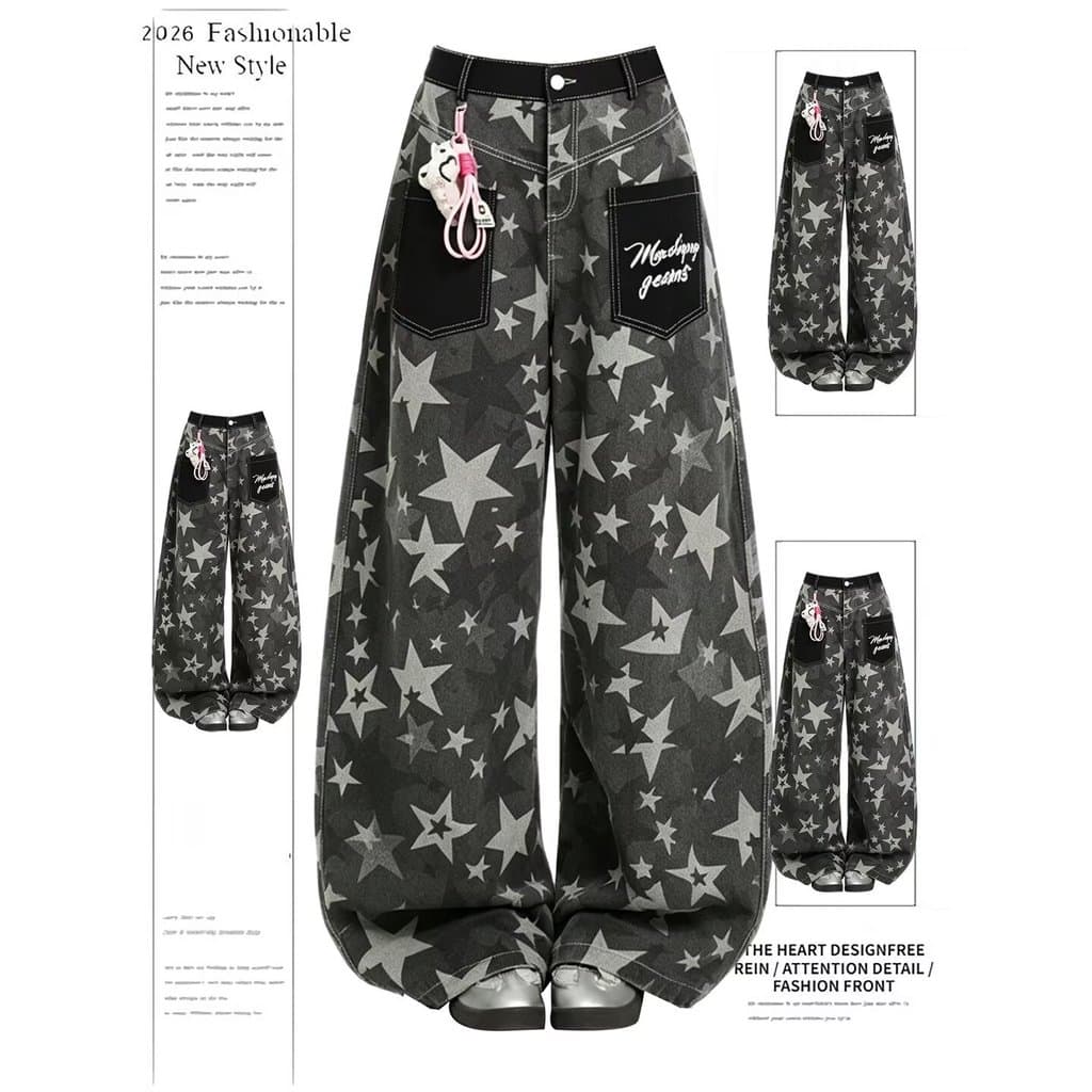 Jeans feminino estrela estampa solta cintura alta calças largas masculinas