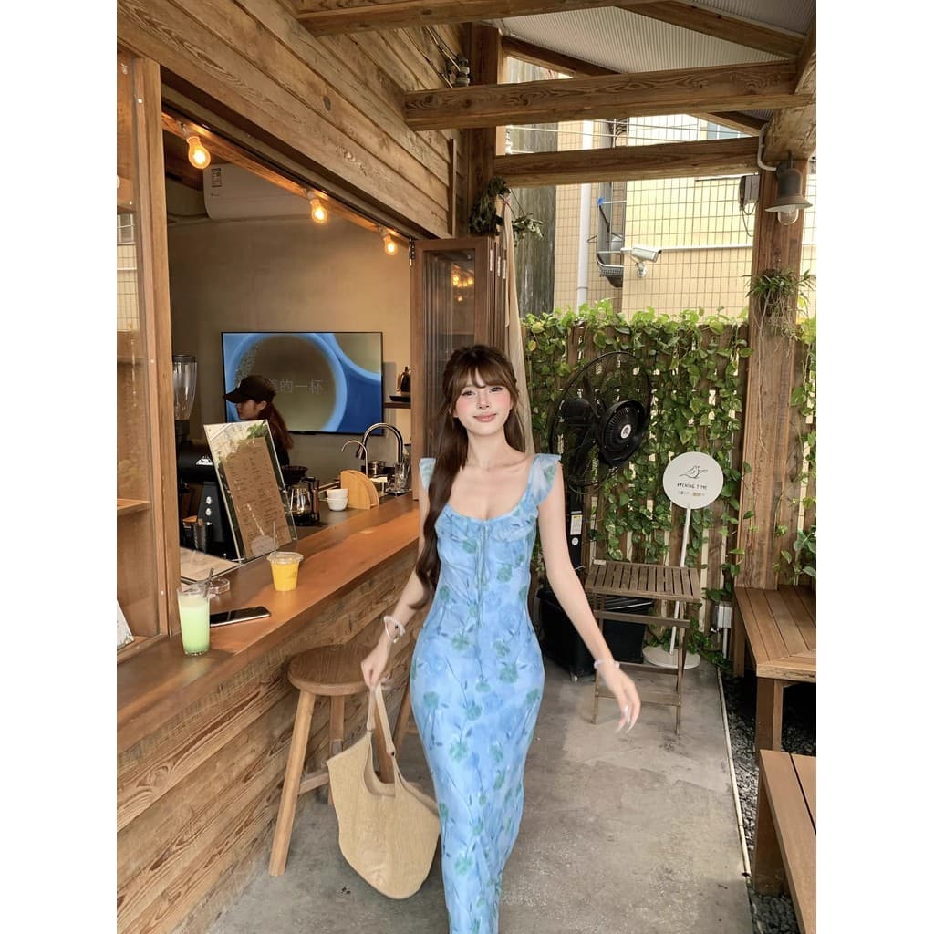 Kumikumi puro desejo estilo azul Floral rendas pequeno vestido de manga voadora feminino verão fino ajuste mais magro ol