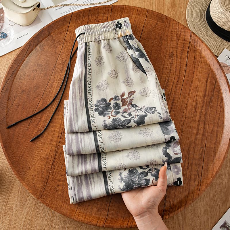 Polka Dot acetato cintura elástica Drape Anti-rugas calças de perna larga feminino verão 2026 novo estilo de seda gelo p