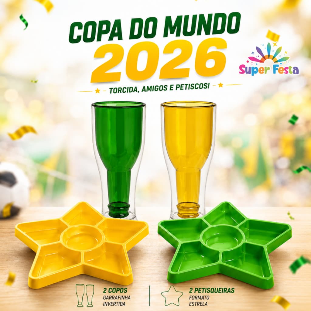 Copa do Mundo Kit 4 Peças 2 Copos Garrafinhas Invertida e 2 Petisqueira formato estrela