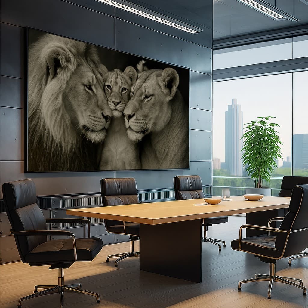 Quadro Decorativo GRANDE Alta Resolução Escritório Quadro Familia Leão Leoa e filhote Preto e Branco