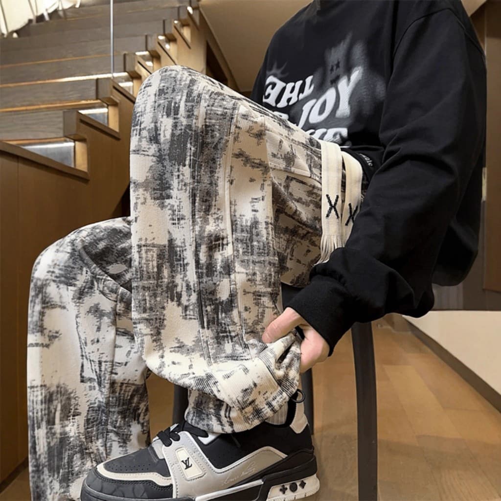 Tinta Tie-Dye calças masculinas outono inverno americano Retro esportes Sweatpants na moda High Street solto confortável