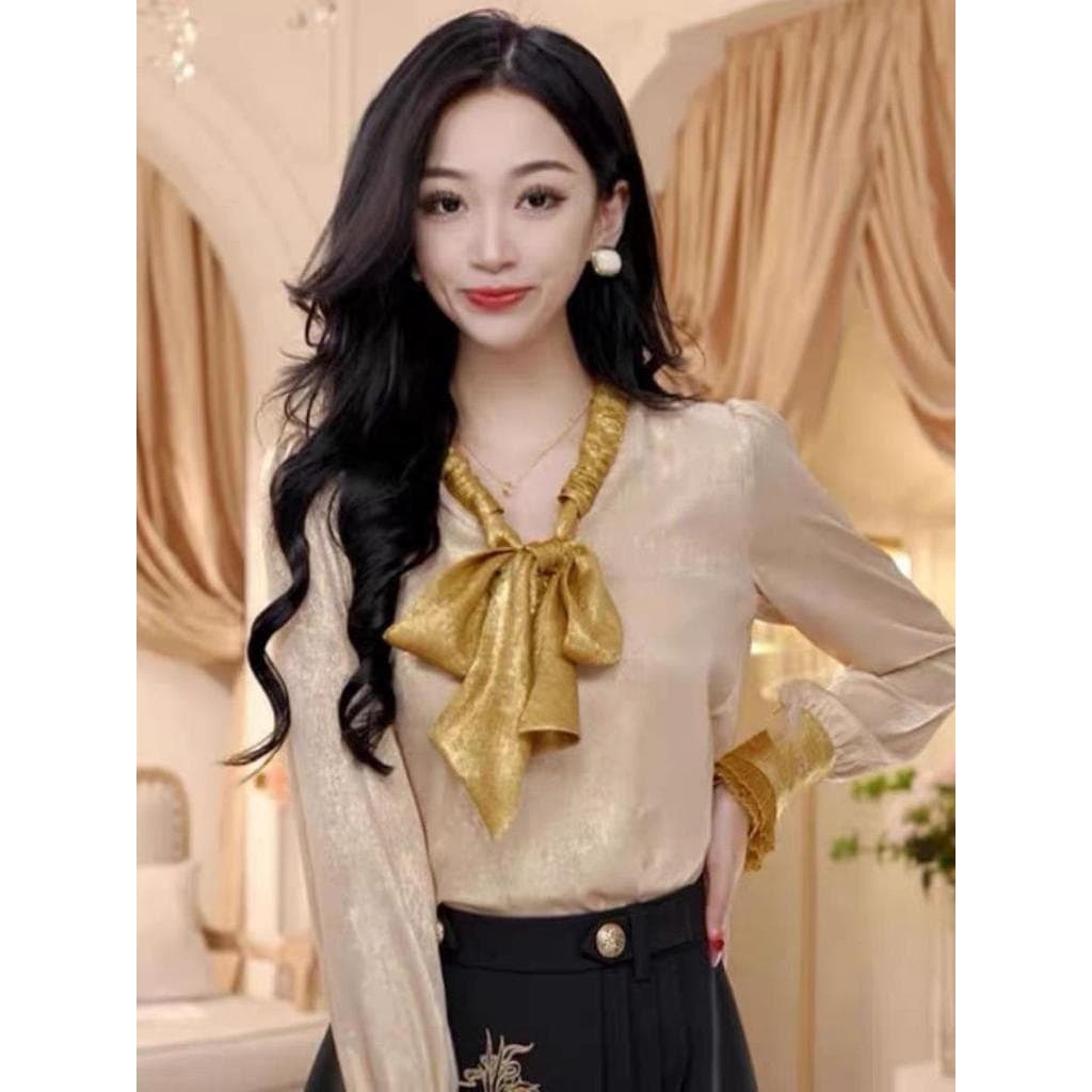 Camisa francesa com laço e laço, 2026, primavera, novo estilo, elegante, temperamento, moda, manga comprida, Top moderno