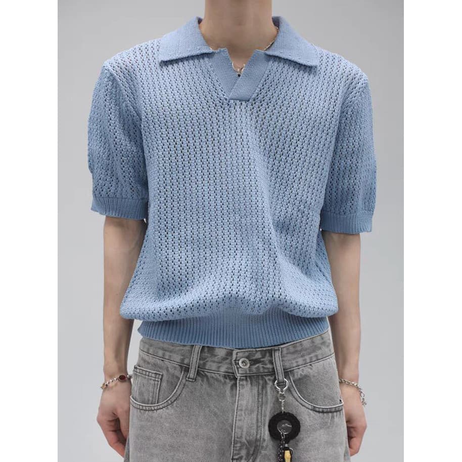 Camisa polo masculina de malha oca com sensação solta em camadas com decote em v Slim Fit moletom de manga curta transpa
