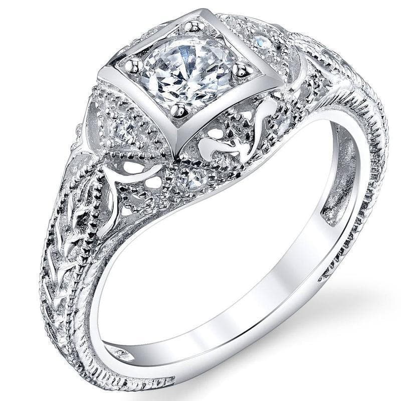Anel de Noiva Vintage Feminino em Prata com Zircônia Cúbica Gravada, Tamanhos 5-9
