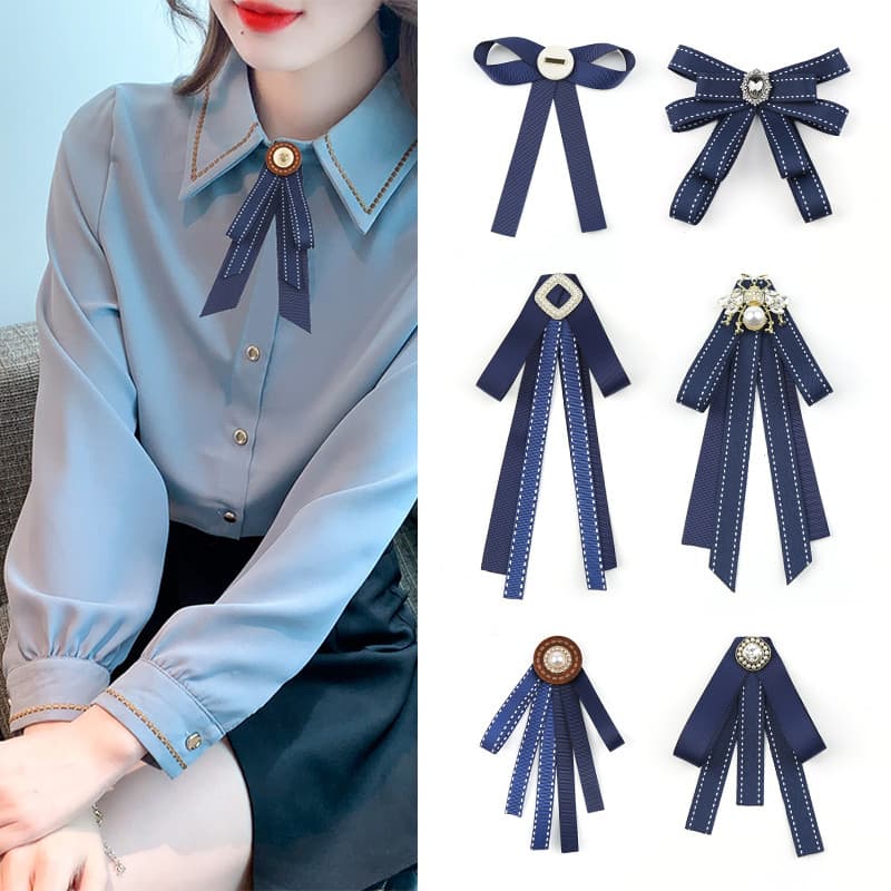 Camisa profissional gravata borboleta feminina pino estilo Preppy britânico coreano fita azul arco doce fita acessórios