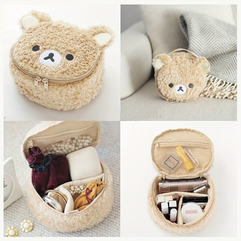 Bolsa de Maquiagem Mini com Design de Urso de Desenho Animado, Organizador Portátil de Cosméticos e Artigos de Higiene