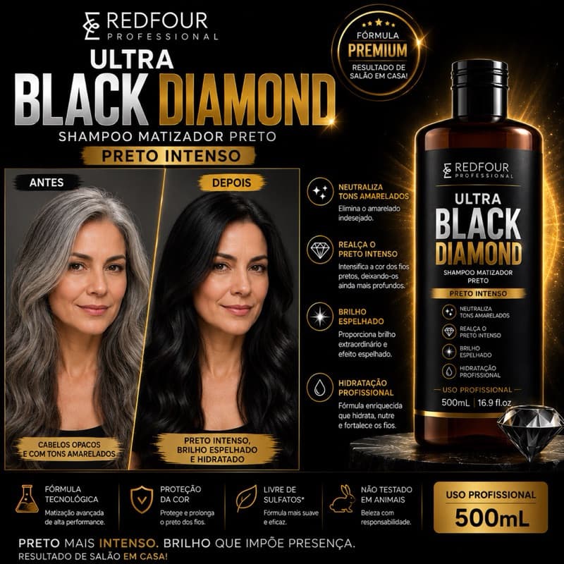 Shampoo Tonalizante Preto   Redfour Ultra Black Diamond 500mL Preto Intenso Tintura Preta Para Cabelos cobre o Branco
