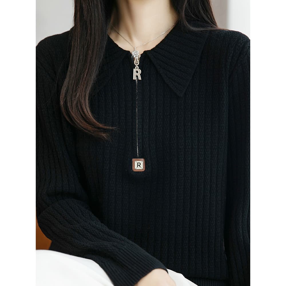 Luz de luxo High-End boneca gola camisola feminina All-Match manga comprida Casual estilo preguiçoso meio zíper La