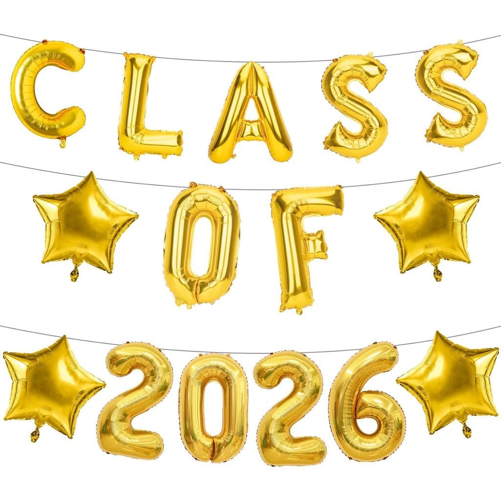 Graduation Balloons, Class of 2026 Balloons, 16Inch Gold Grad Class of 2026 Letters Foil Balloon Sign with Star Balloons