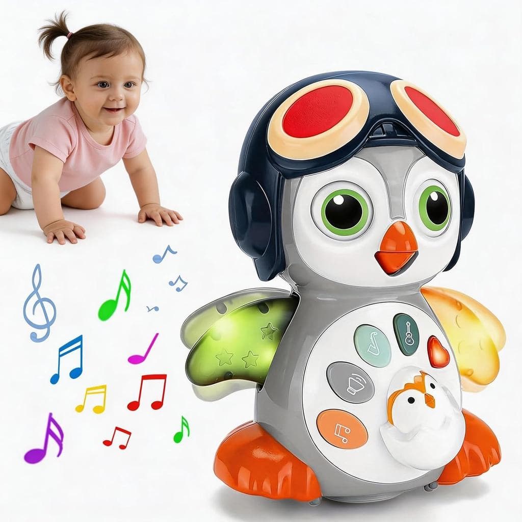Crawling Penguin Baby Toy with Music & Lights, Interactive Tummy Time Toy for Infants 6-18 Months, Baby Easter Toys, Ear