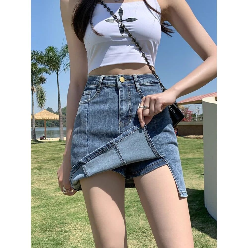 Saia jeans feminina 2025 verão novo estilo cintura alta mais magro olhar pequena linha a Hip saia meio comprimento Hakam
