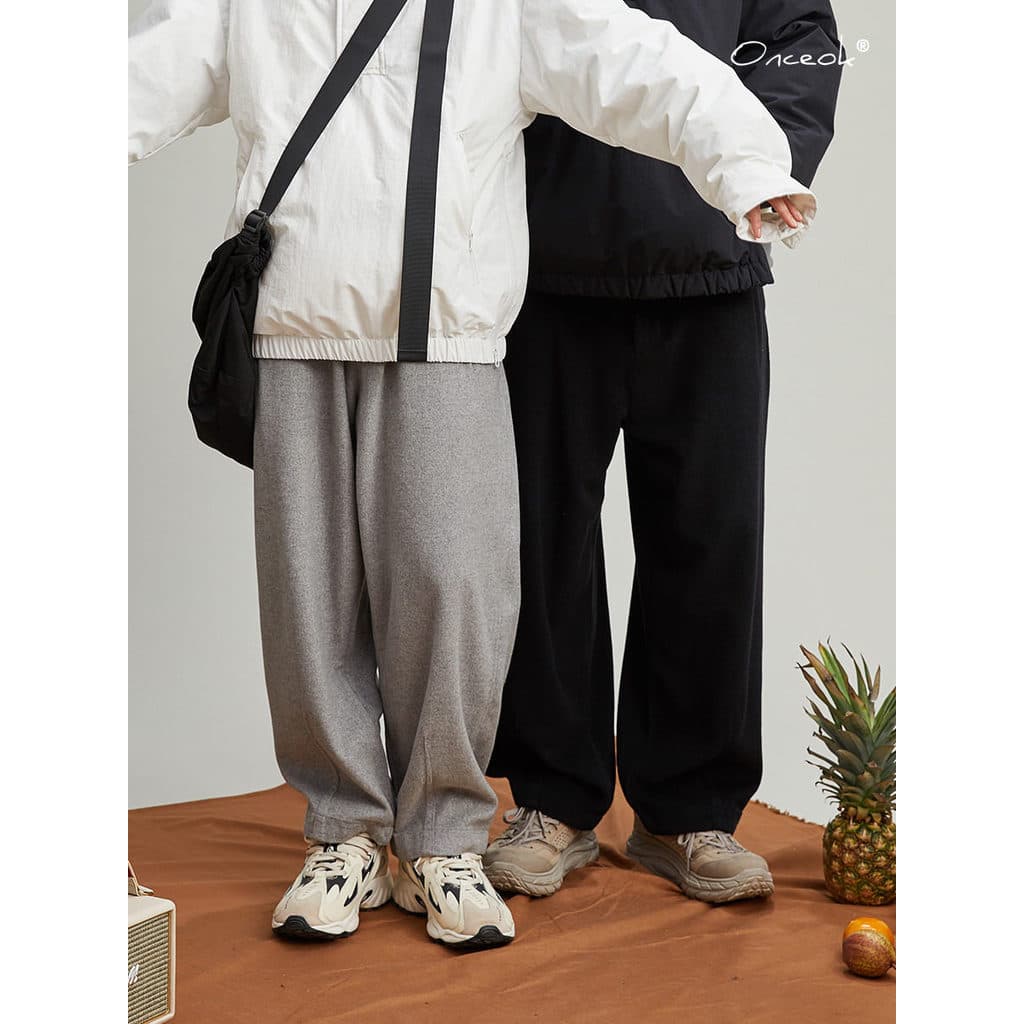 [249 Yuan Escolha 3 peças] Estilo inverno cintura elástica em formato largo camurça de lã esportes lazer casal calças de