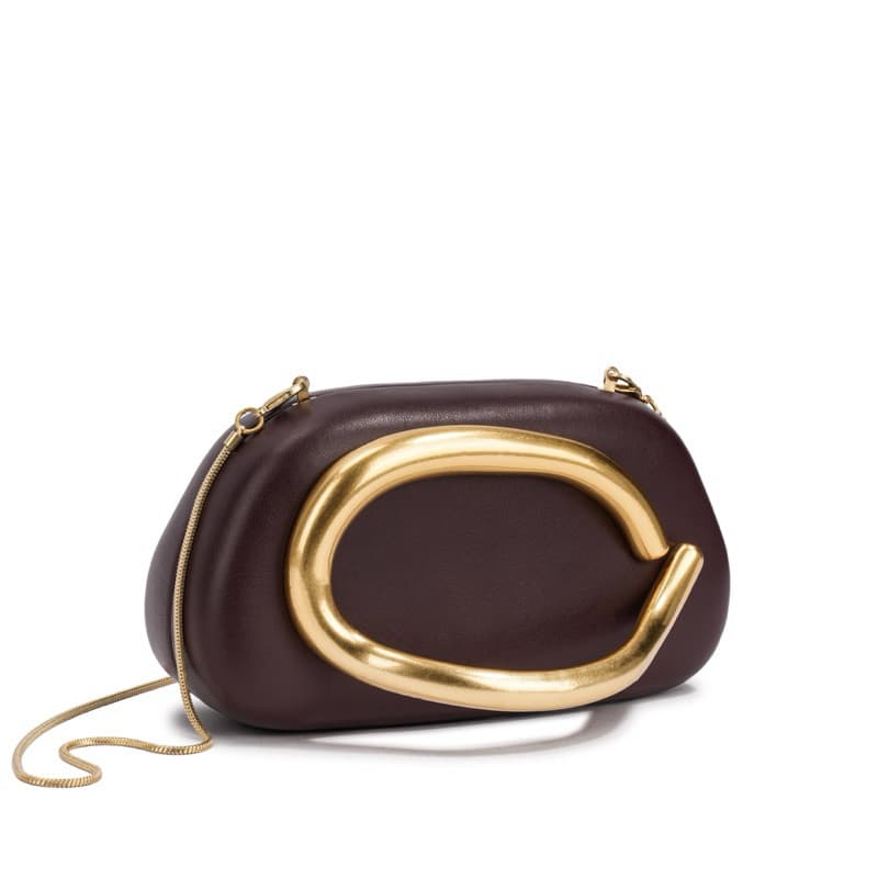 Bolsa Feminina Mini Bag Corrente Dourada Fecho C Luxo Café Clutch Crossbody BF80004