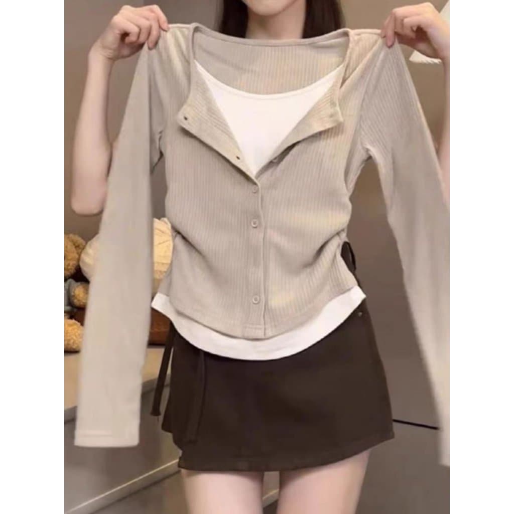 Design sentimento requintado falso costura de duas peças de manga comprida camiseta feminina primavera outono plissado c