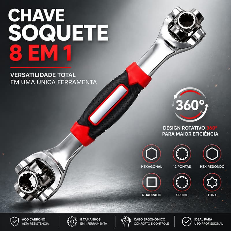 Chave Soquete 8 em 1 Universal Profissional 360° Universal chave de Catraca