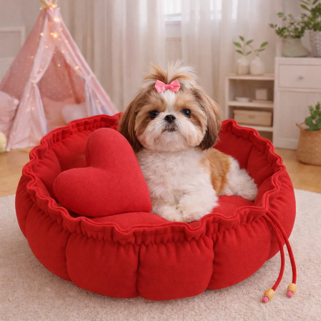 Caminha Redonda, com almofada de coração Vermelho Cama Pet Londres Fresquinha Gato