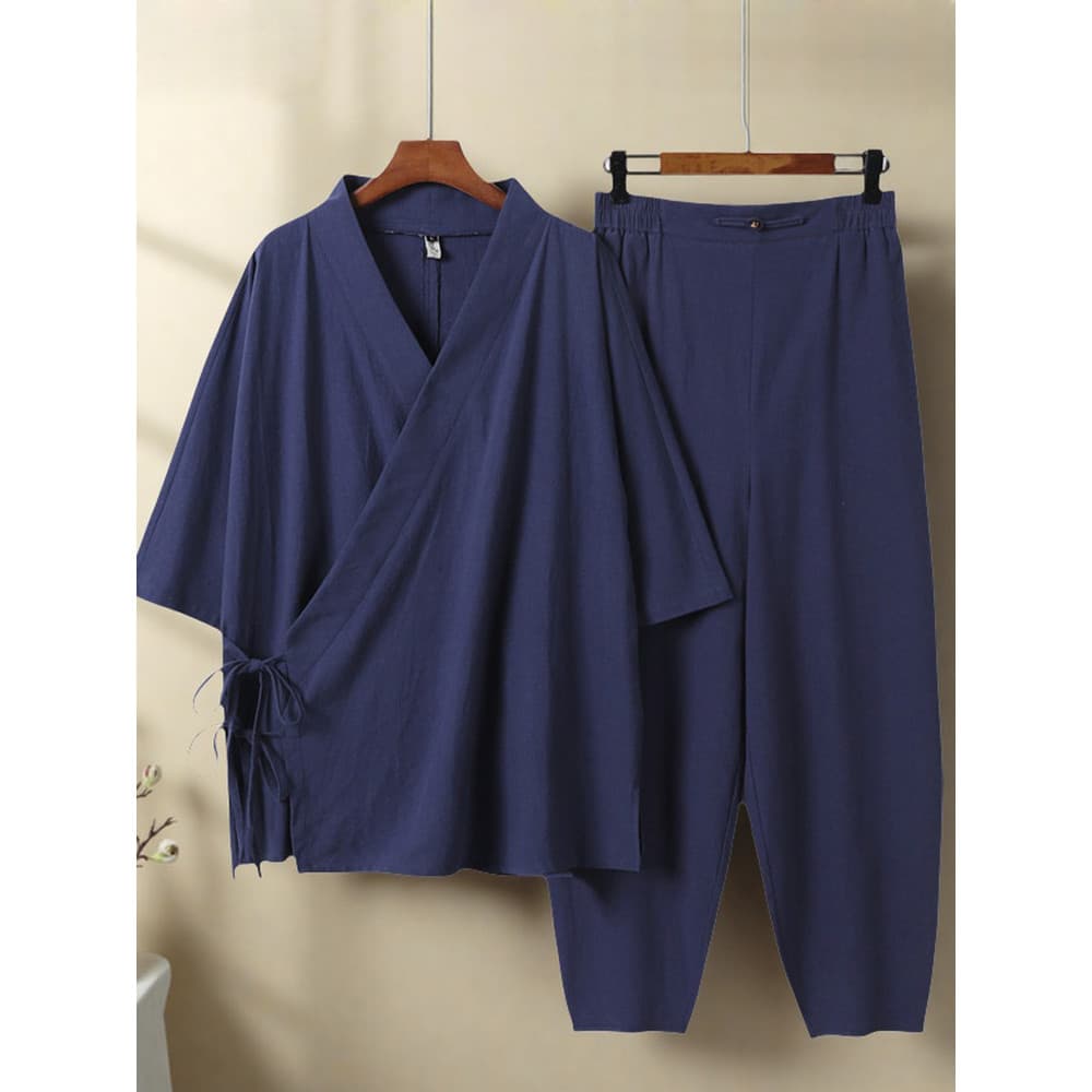Terno de linho de algodão masculino Retro Tang terno estilo budista Diagonal Cardigan Hanfu taoísta Robe pijamas puro al